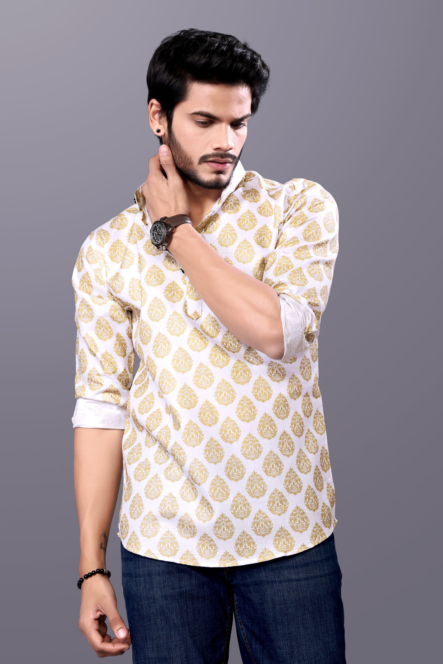 Golden Reign – Full Sleeve Heritage Print Kurta Shirt in Premium Cotton