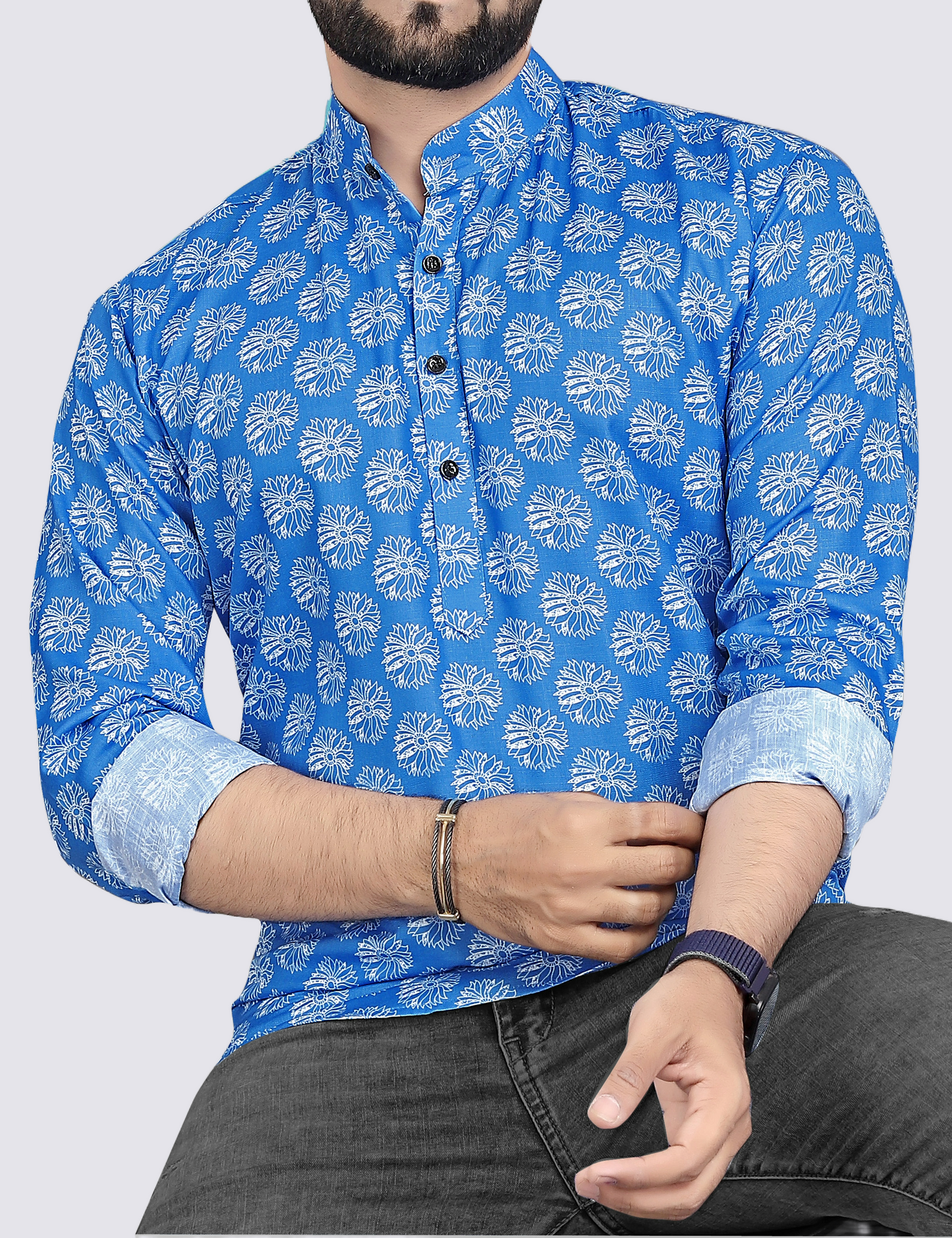 Nawab Style – Classy Blue Printed Cotton Kurta Shirt for Everyday Elegance