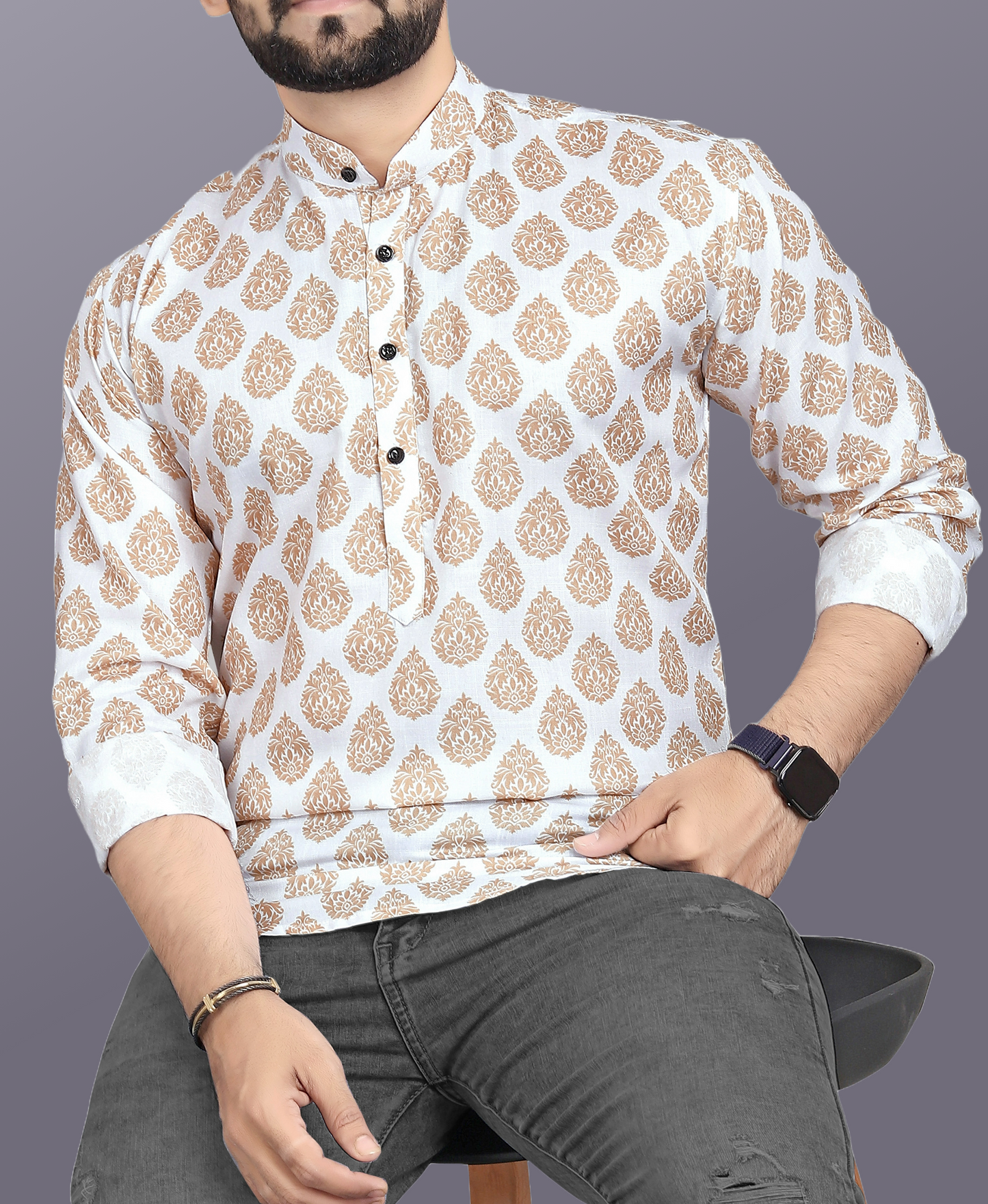 Golden Reign – Full Sleeve Heritage Print Kurta Shirt in Premium Cotton