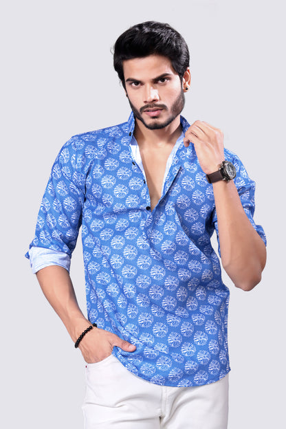 Nawab Style – Classy Blue Printed Cotton Kurta Shirt for Everyday Elegance