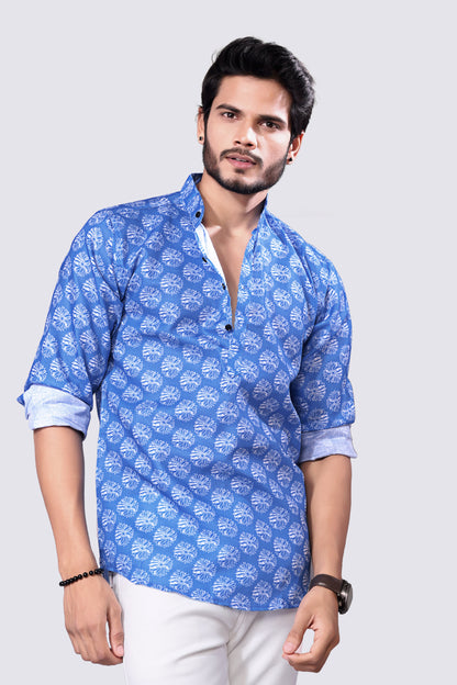 Nawab Style – Classy Blue Printed Cotton Kurta Shirt for Everyday Elegance