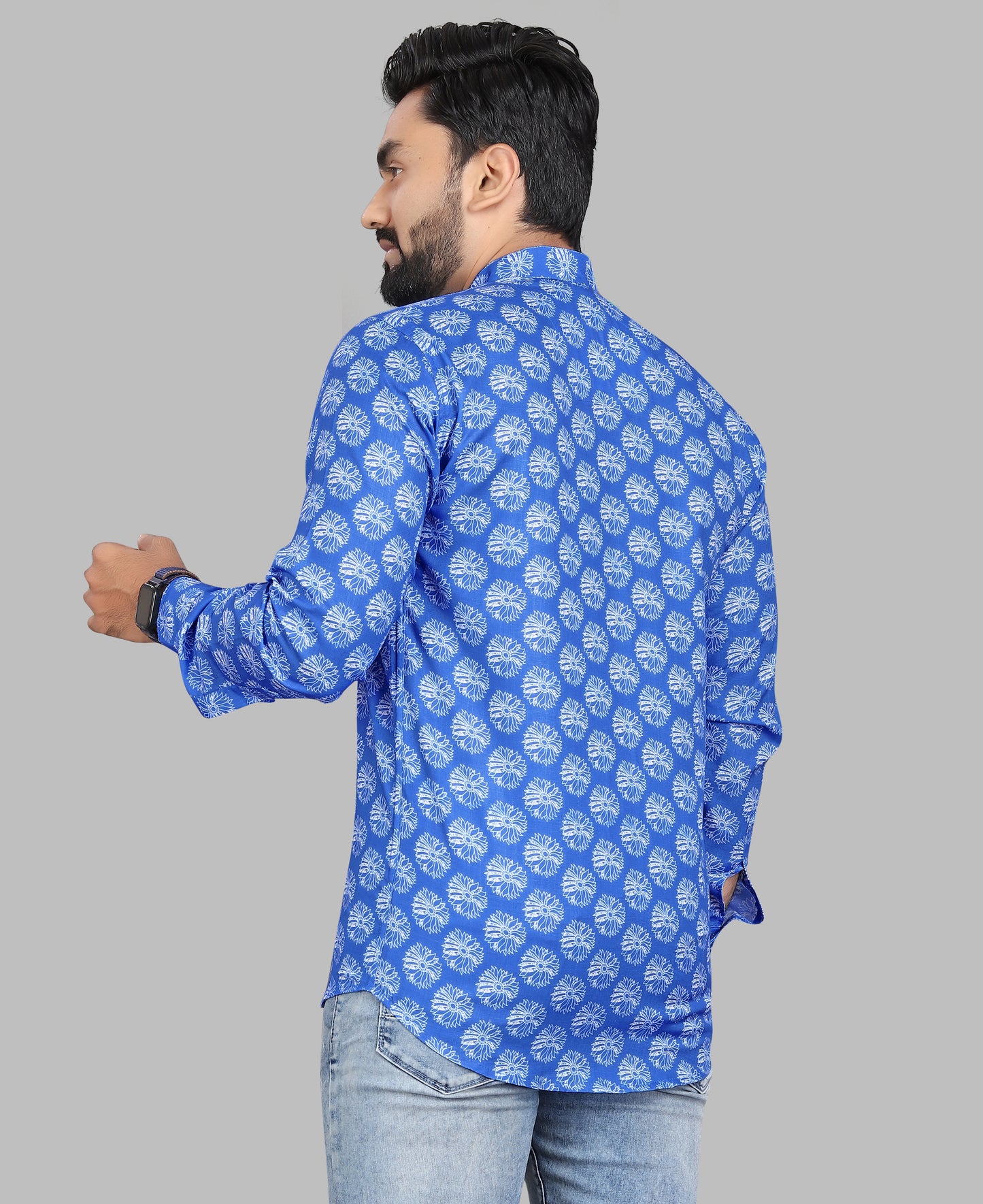 Nawab Style – Classy Blue Printed Cotton Kurta Shirt for Everyday Elegance
