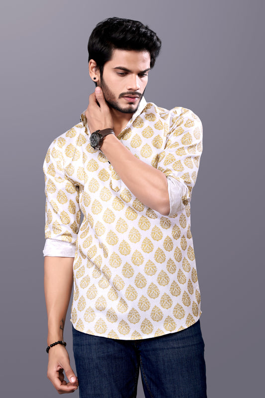 Golden Reign – Full Sleeve Heritage Print Kurta Shirt in Premium Cotton