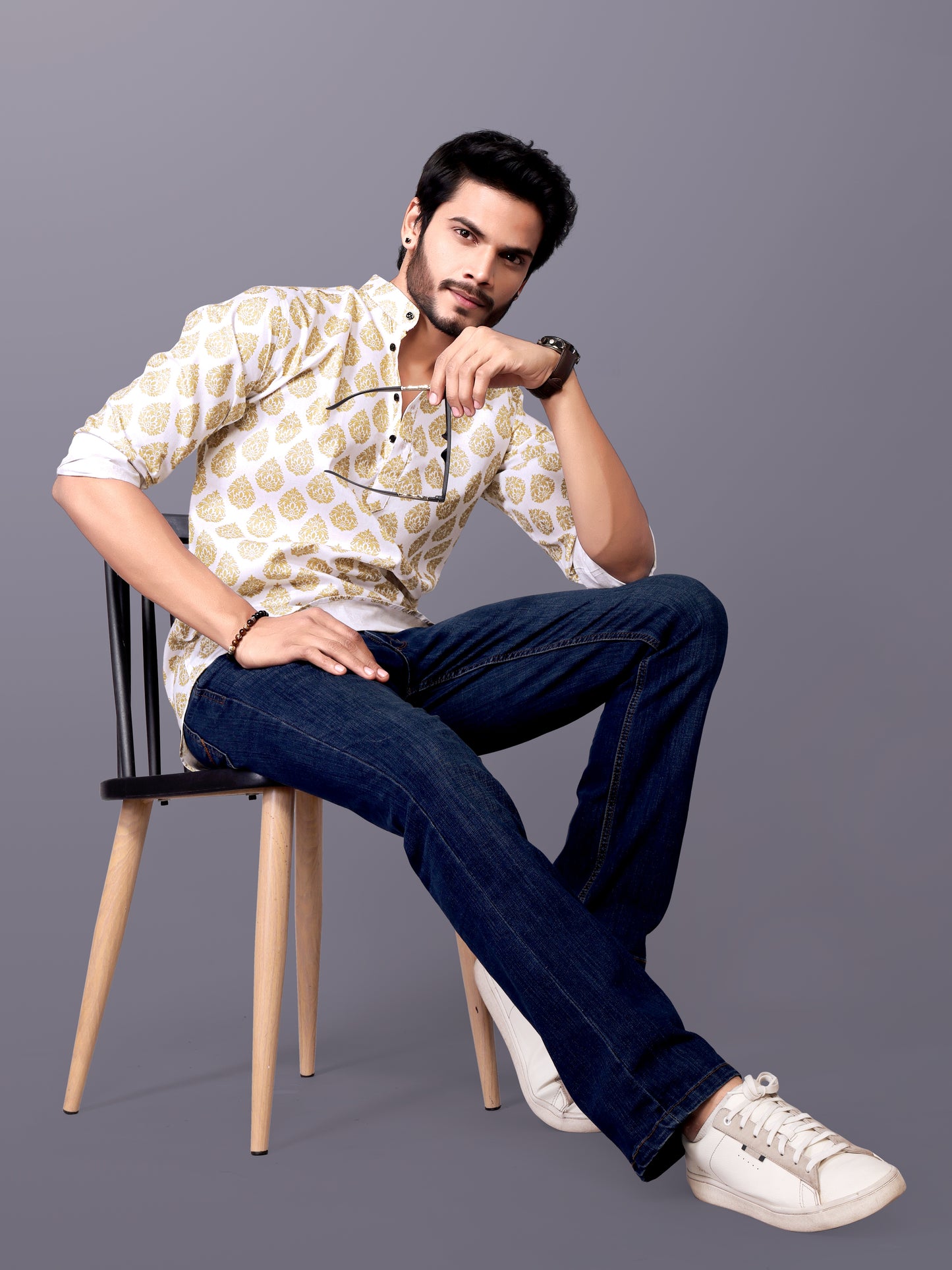 Golden Reign – Full Sleeve Heritage Print Kurta Shirt in Premium Cotton