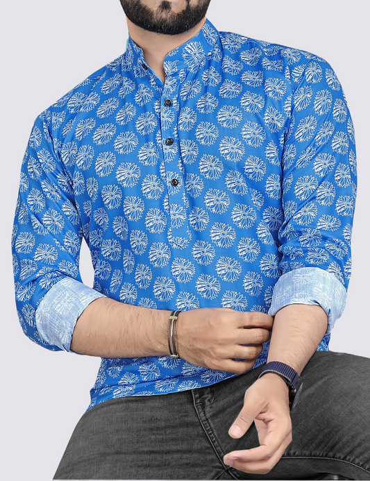 Nawab Style – Classy Blue Printed Cotton Kurta Shirt for Everyday Elegance