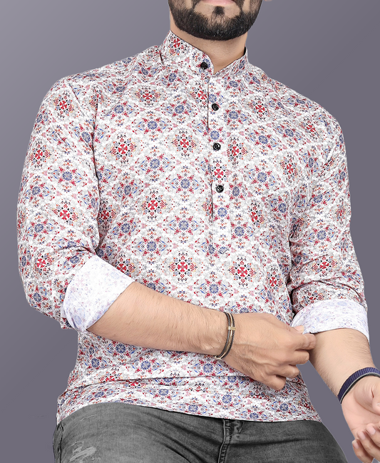 Vintage Florica – Elegant Cotton Printed Kurta Shirt for Men in Regal Pastels