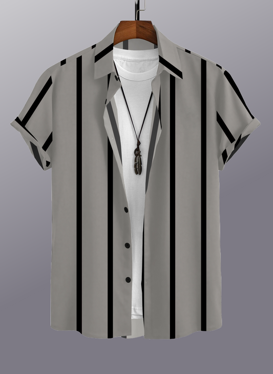 Urban Vibe – Luxe Lycra Vertical Striped Short Sleeve Shirt for Effortless Charm